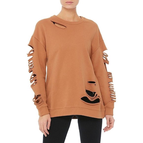 ALO Yoga Tops - ALO YOGA Fade Henna Tan Brown Cotton French Terry Distressed Sweatshirt, Size M